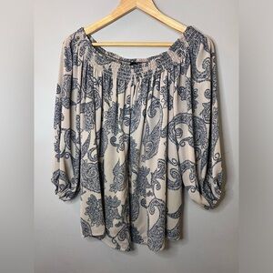 Ariella Women’s 3/4 Length Blouse Tan Navy Blue Floral Print Size L Made in USA